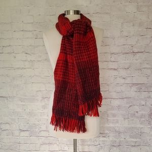 LOFT Red Purple Plaid Cozy Knit Fringe Winter Scarf